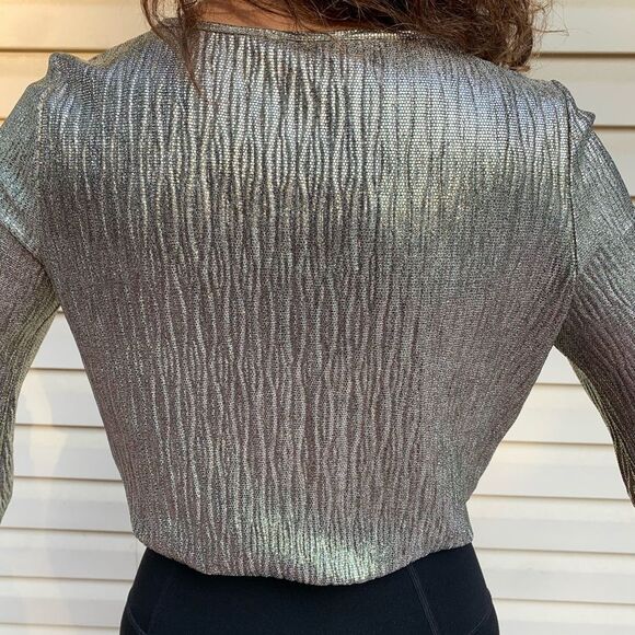 Zara silver metallic long-sleeved V-overlap front blouse, bell elastic cuffs, S - Picture 6 of 11